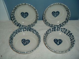 Folk Craft Hearts Tienshaw Blue Sponge Set Of 4 Cereal Soup Bowls