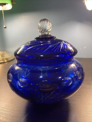 Vintage Bohemian Cobalt Blue Cut To Clear Glass Crystal Candy Bowl - 7x4.  5”