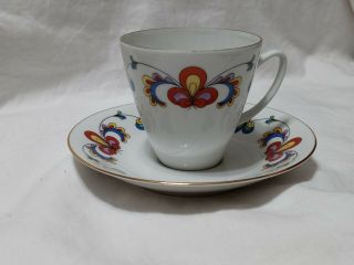 Porsgrund Farmers Rose Coffee Cup & Saucer Norway Scalloped Blue Red Flowers