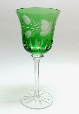 Bohemian Czech Emerald Green Crystal Cut To Clear Cased Wine Goblet 4