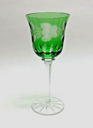 Bohemian Czech Emerald Green Crystal Cut To Clear Cased Wine Goblet 2