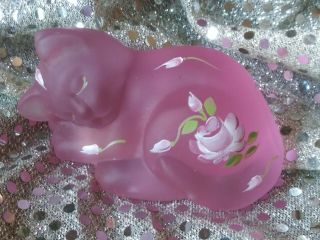 Fenton,  Sleeping Cat,  Pink Satin,  Hand Painted For Lenox With 100 Year Sticker