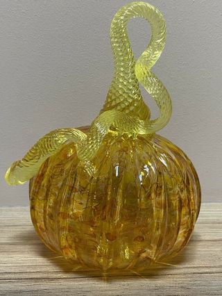 Hand Blown Art Glass Pumpkin Sculpture Figurine Yellow Halloween Harvest Autumn