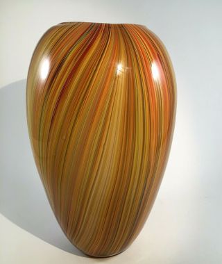 Stunning Hand Blown Art Glass Oval Bud Vase Amber Dandelion Swirl Murano Style