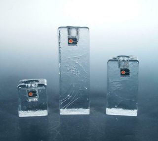 Blenko Glass Set (3) Ice Block Graduated Square Candle Holders 84 Labels Minty