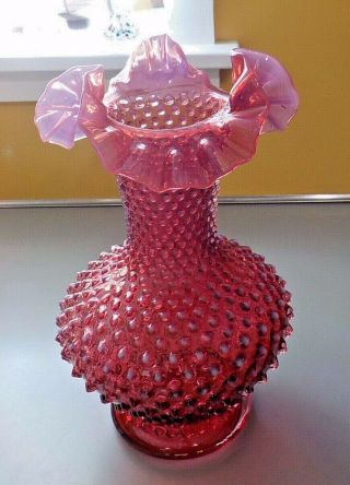 Fenton Art Glass Vase Cranberry Opalscent Hobnail Large 11 