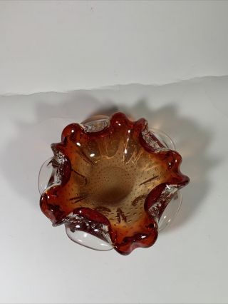 Murano Style Art Glass Red Orange Ash Tray/bowl Bullicante Controlled Bubbles