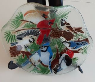 Peggy Karr Fused Art Glass Bowl 8.  5 " Birds And Pine Branches