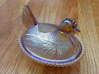 Vtg Indiana Marigold Carnival Glass Hen On Nest Covered Candy Dish 7 Inch