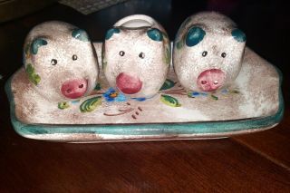 Rare Vintage Deruta Pottery Pig Shakers W Toothpick Holder Tray Italy