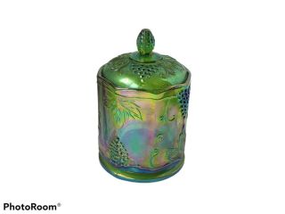 Indiana Carnival Glass Iridescent Grape Harvest Candy Biscuit Jar Dish Container