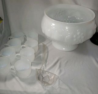 Vintage Jeannette Della Robbia Fruit Milk Glass Punch Bowl Set With 8 Cups Ladle