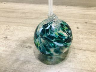 Vintage Kitras Art Glass 5 " Blue Green Witches Ball Hanging Ornament Tag Canada
