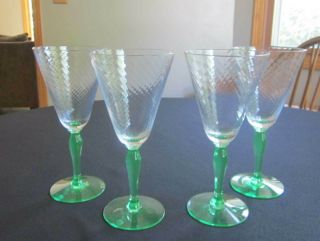 Vintage Vaseline Glass Stemmed Optic Swirl Wine Glasses - Set Of 4