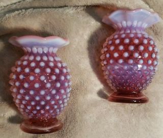 Vintage Fenton Cranberry Opalescent Hobnail 3 1/2” Vases