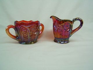 Indiana Glass Set Of Red Sunset Carnival Glass Creamer & Sugar Vgc