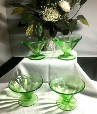 4 Green Depression Uranium Vaseline Glass Footed Dessert - Icecream Cups Bn - 804