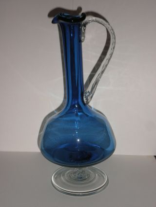 Large Vintage Hand Blown Cobalt Blue Pitcher Clear Handle And Base