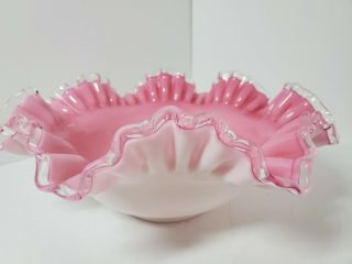 Vintage Fenton Art Glass Silvercrest Pink Ruffle Bowl With Clear Edge