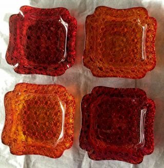 4 Four Daisy & Button Ashtrays 5 3/4 " Square Lg Wright 2 Amberina 2 Ruby Red Mcm