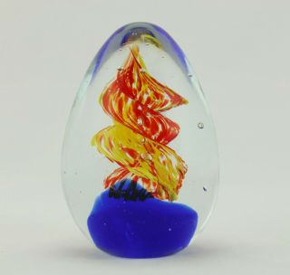 Vintage Art Glass Hand Blown Egg Shaped Paperweight Blue W/flame Swirl 4 1/2 "