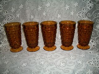 Set Of 5 Vintage Amber Indiana Glass Whitehall Cubist 12 Oz Footed Tumblers