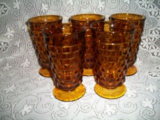 Set Of 5 Vintage Amber Indiana Glass WhiteHall Cubist 12 Oz Footed Tumblers 2