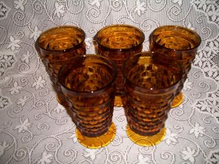 Set Of 5 Vintage Amber Indiana Glass WhiteHall Cubist 12 Oz Footed Tumblers 3