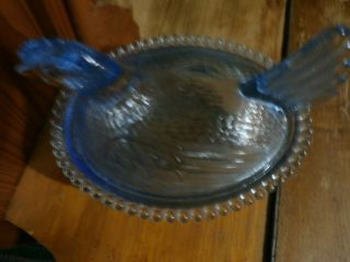 Indiana Vintage Light Blue Glass Covered Chicken Hen On Nest Dish Beaded Clear