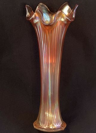 Antique 1911 Fenton Fine Rib Marigold Carnival Glass Swung Vase 9.  25 "
