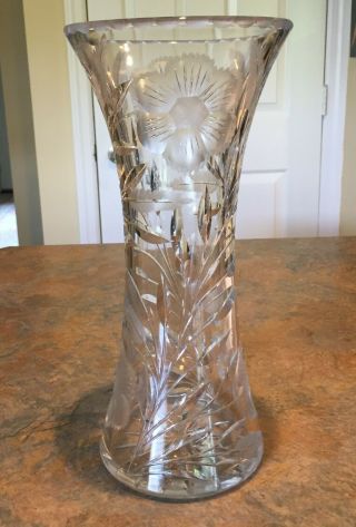 Vintage 12 " Crystal Cut Glass Vase With Etched Flowers - Very Heavy And