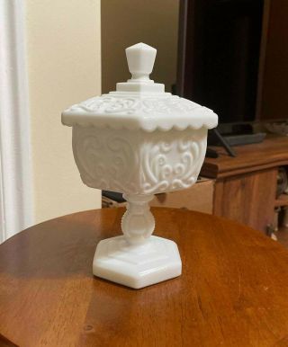 Vtg Imperial Glass Satin White Milk Glass Lidded Compote Atterbury Scroll