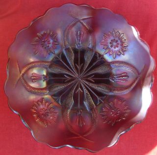 Fenton Carnival Glass Purple Irridescent Ruffled Bowl 4 Four Flowers Brockwitz