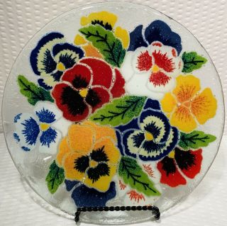 7 3/4” Peggy Karr Pansies Plate Signed Fused Glass Art Retired Con.