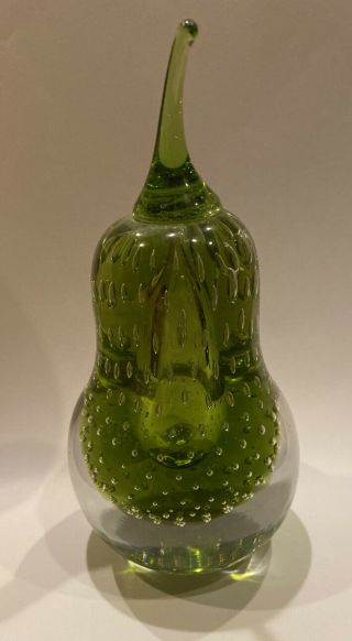 Vintage Emerald Green Clear Art Glass Pear Paperweight Controller Bubble Murano