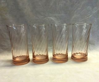 Set Of 4 Pink Depression Glass Spiral Water Tumblers,  6.  5 " Glasses -