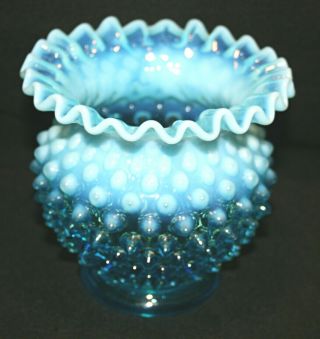 Vintage Fenton Blue Opalescent Hobnail Ruffled Bowl Vase -