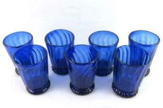 Set Of 7 Cobalt Blue Hand Blown Swirl Art Glass Tumblers 4.  5 Inch Cups
