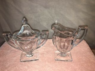 Vintage Clear Heavy Glass Footed Cream And Sugar With Lid Set