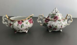 Vintage Miniature Lefton Hand Painted Sugar Bowl With Lid And Creamer