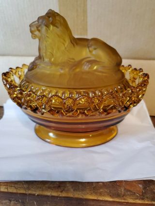 Amber Imperial Depression Glass Frosted Lion On A Nest Covered Dish