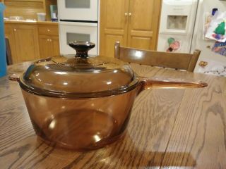 Vintage Corning Vision Ware 2.  5 L Amber Glass Pot Sauce Pan W/pyrex Lid Usa