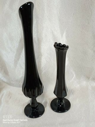 2 Vtg Fenton Black Amethyst Honeycomb Pedestal Swung Vases 1 8 " 1 12 " Tall Euc
