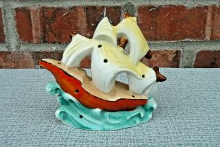 Vintage Handpainted Ceramic Sailboat Flower Frog Figurine Made In Japan