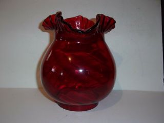 Fenton Ruby Red Art Glass Spiral Optic Lamp Shade,  W/ruffled & Crimped Top Rim