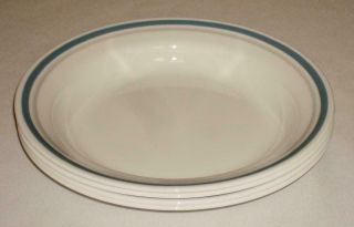 4 Corelle Indigo Blue Flat Rimmed Soup Pasta Bowls 8 - 1/2 " Gray/blue Bands Euc