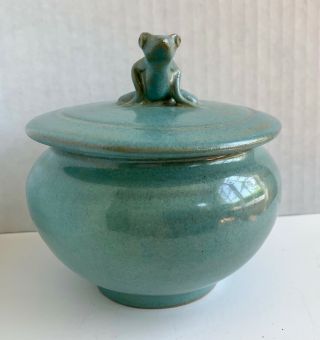 Blue Stoneware Covered Bowl With Frog On Top