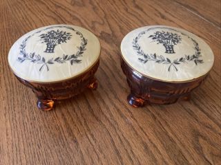 Antique Dresser Powder/trinket Boxes Amber With Bakelite/celluloid Lids (2)
