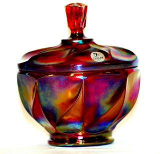 Fenton Red Carnival Glass Candy Dish With Lid
