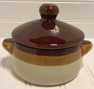 Vintage Small Stoneware Crock Soup Bowl With Lid 3 Tone Brown 2c Mid Century